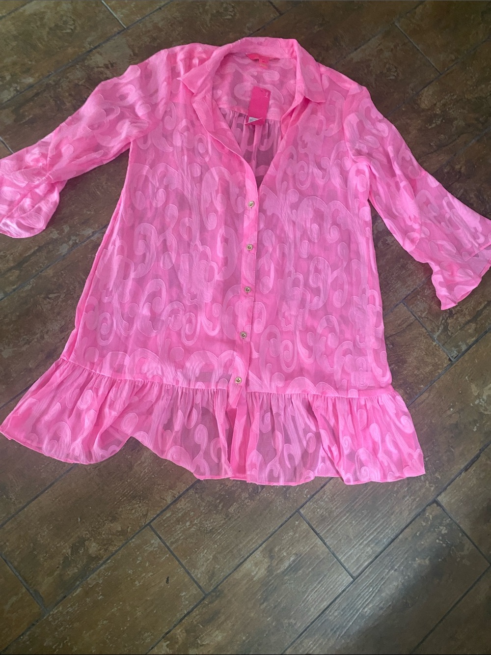 Lilly Pulitzer Pink Sheer Ruffle-Hem Button Tunic. Sz small. NWT. Great cover up